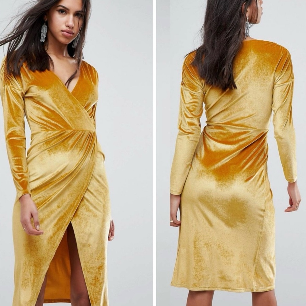Elegant Gold Velvet Wrap Dress